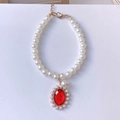 Elegant pet pearl necklace with a vintage red gemstone pendant and golden lobster clasp - XS / Red