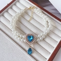 Double-layer pearl pet necklace with heart and teardrop blue crystals for dogs and cats - XS / Sky Blue