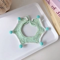 Handmade light green crochet pet collar with blue pom-poms and white lace edges - S 2-8lb / Cyan