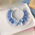Blue plaid pet collar with white lace trim and a heart-shaped pearl bow accessory - S / Blue Plaid