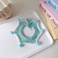 Light blue hand-knitted pet star scarf with white lace trim and mini fuzzy pom-poms - Emerald