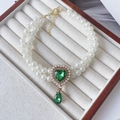Double-layer pearl pet necklace with green heart gemstone and water drop pendant charms - XS / Sea Green