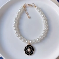 Elegant pet pearl necklace with camellia flower pendant and golden adjustable clasp - Black Camellia