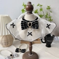 Elegant pet pearl necklace with black and white tweed bow and lace organza scarf - Bow Lace Bib