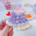 Handmade crochet mini doll dress with pearl accents and delicate white wavy lace trim - Fits Small Dolls / Purple