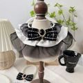 Elegante Perlenkette für Haustiere mit schwarz-weißer Tweed-Schleife und Spitze - XS / Schwarz Schleife Lätzchen