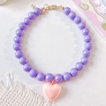 Detail of candy color beaded pet necklace with pink heart pendant and golden clasp - Purple Necklace
