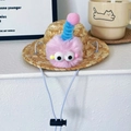 Detail of pet straw hat with pink plush monster decoration and adjustable chin strap - S / Light Pink