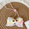 Rosa verstellbares Haustierhalsband mit gelber Karo-Schleife, weißer Spitze und Cartoon-Welpe - S / Gelb