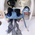 Hundegeschirr aus blauem Denim mit schwarzer Schleife und passender Leine für Hunde - S / Schwarz