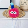 Pet straw hat with hot pink pom-pom monster design and elastic chin strap - S / Red