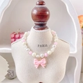 Collar de perlas rosas y blancas con colgante de lazo para perros pequeños y gatos - XS / Lazo Rosa