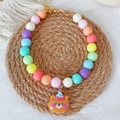 Colorful rainbow beaded pet collar with a cute orange cartoon bear charm and gold clasp - XS / Bear