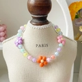 Adjustable colorful macaron bead pet necklace with three 3D flower charms for cats and dogs - XS / Multicolor Flowers 2 (Purple Pink Orange)