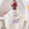 Collar de perlas verde menta para mascotas con lazo lavanda grande iridiscente - XS / Lazo Púrpura