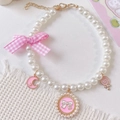 Collier de perles avec nœud rose à carreaux et pendentifs en émail pour chats et chiens - XS / Série Rose