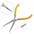 Detail view of 148mm needle nose pliers with yellow non-slip handles and closed jaw tip - Long Needle Nose Pliers