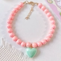 Collar de perlas rosas para mascotas con colgante de corazón menta y cierre dorado - XS (Cuello 15-20cm) / Collar Rosa