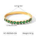 Detailed view of gold stainless steel bangle with green heart-shaped zirconia stones. - Heart Green Zirconia Style (HC-B20560-GN) / Emerald Green