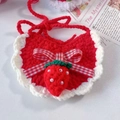 Handmade red crochet pet bib with 3D strawberry motif and white wavy edge decor - One Size / Strawberry Bib