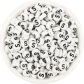 White acrylic flat round bead with black letter S for DIY jewelry making 7x4mm - Letter S / 100 Pcs/Pack (16g)