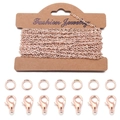 Set de joyería oro rosa con cadena cruzada plana, anillas abiertas y cierres de langosta - 2*3mm / Rosa oro