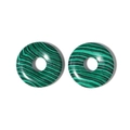 Detail view of round malachite Pi Disc pendants with natural green wavy patterns - Malachite