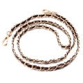 Golden metal and dark brown leather woven chain strap with lobster clasps - 120cm / Coffee and Gold Chain