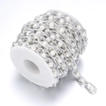 Silver metal chain link with white faux pearls on a spool for DIY jewelry crafts - Artificial Pearl Chain Silver