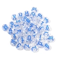 Close-up of transparent acrylic alphabet beads with blue letters for DIY bracelet jewelry - 100 Pcs/Pack / Transparent Blue (Mixed)