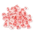 Close-up of clear acrylic alphabet beads with red letters and pre-drilled holes for DIY jewelry - 100 Pcs/Pack / Transparent Red (Mixed)