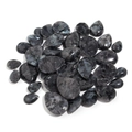 Polished teardrop labradorite gemstones with natural blue flashes on white background - Black Labradorite 10x14 (T20141)