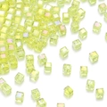 Transparent light green crystal glass cube beads with iridescent AB coating and straight hole - 4mm / Yellow