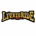 Macro detail of Live To Ride motorcycle embroidery patch with gold thread and eagle claws - Black And Gold Style (DB0033CT)