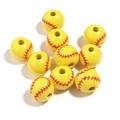 DIY yellow wooden baseball beads with realistic red stitching for jewelry making - Softball Pattern