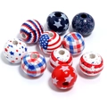 Perles en bois rouge blanc bleu avec étoiles et rayures pour déco DIY Independence Day - 16mm (Trou 4.3mm) / Série Drapeau Américain