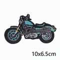 Detailed macro of 10x6.5cm motorcycle embroidery patch with blue and black thread - Sky Blue Motorcycle (PE0883CT) / 10x6.5cm