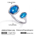Adjustable stainless steel open ring with blue hexagon stones and 1.67cm diameter - Double Hexagonal Blue Stone Open Ring (JDR0107004-S-BL)
