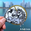 Detail of embroidered muscular unicorn patch with size markings for DIY clothing - Muscle Unicorn (PE5814CT)