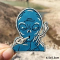 Detail view of a 6.5x5.3cm blue alien embroidery patch for DIY denim jacket repairs - Smoking Blue Alien Style (PE5931CT)