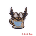 Embroidered black bat in blue teacup patch with gold wings for DIY apparel, 5.6x6.7cm - Bat In Tea Cup Style (PE5599CT)