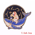 Cartoon astronaut riding a blue whale embroidery patch with gold trim 7.5x8.3cm - Astronaut Riding Whale Style (PE6093CT)