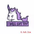 Cartoon unicorn embroidery patch with I Will Cut You text, 6.4x6.2cm iron on patch - Unicorn With I Will Cut You Slogan (PE6082CT)