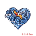 Iron-on heart embroidery patch with blue ocean wave and red sun design 8.2x6.9cm - Ocean Wave Red Sun Heart (PE6622CT) / Self-Adhesive