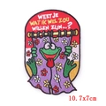 Embroidered green frog patch with purple floral curtain design for clothing, 10.7x7cm - Peek-a-boo Behind Curtain Frog Style (PE5071CT)