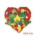 Cartoon frog embroidery patch with red heart background for clothing, size 10x9.5cm - Sitting Frog Couple Heart Style (PE5083CT)