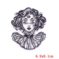 Surreal four-eyed girl embroidery patch for DIY clothing 6.9x8.1cm black and white style - Four Eyed Curly Girl (PE6430CT)