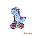 Cartoon blue dinosaur on yellow bicycle embroidery patch for kids clothes 6x4.4cm - Cycling Tyrannosaurus Style (PE6550CT)
