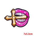 Pink lips with gold cross punk embroidery patch for clothes DIY decoration, 7x5.3cm - Lips Biting Cross (PE6838CT)