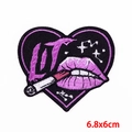 LIT heart embroidered patch in purple and black with lip and cigarette design, 6.8x6cm - Purple LIT Slogan Heart (PE8006CT)